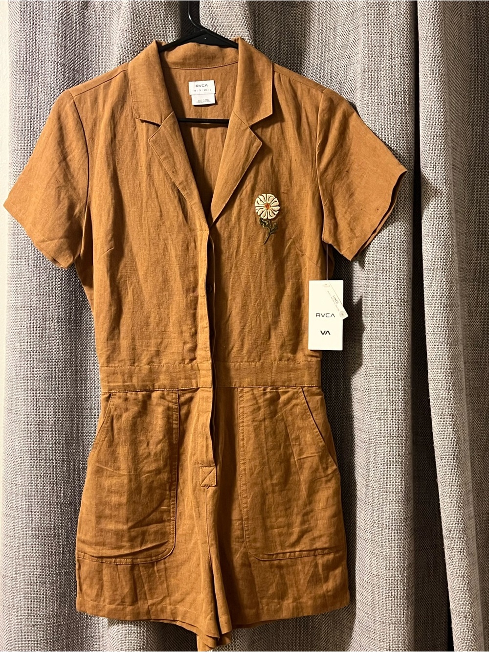 RVCA brown short sleeve linen Romper with Floral Patch